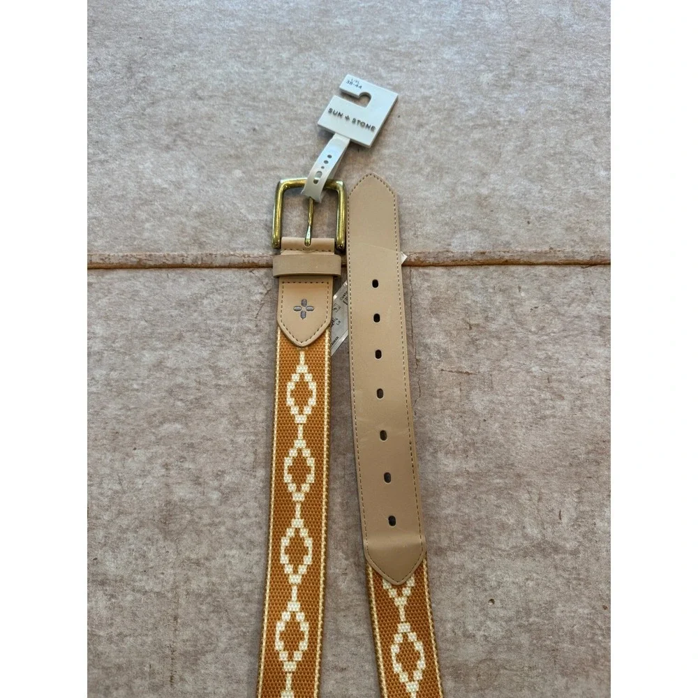 Sun + Stone Woven Belt Women's Large Tan Ivory Yellow Southwestern NWT